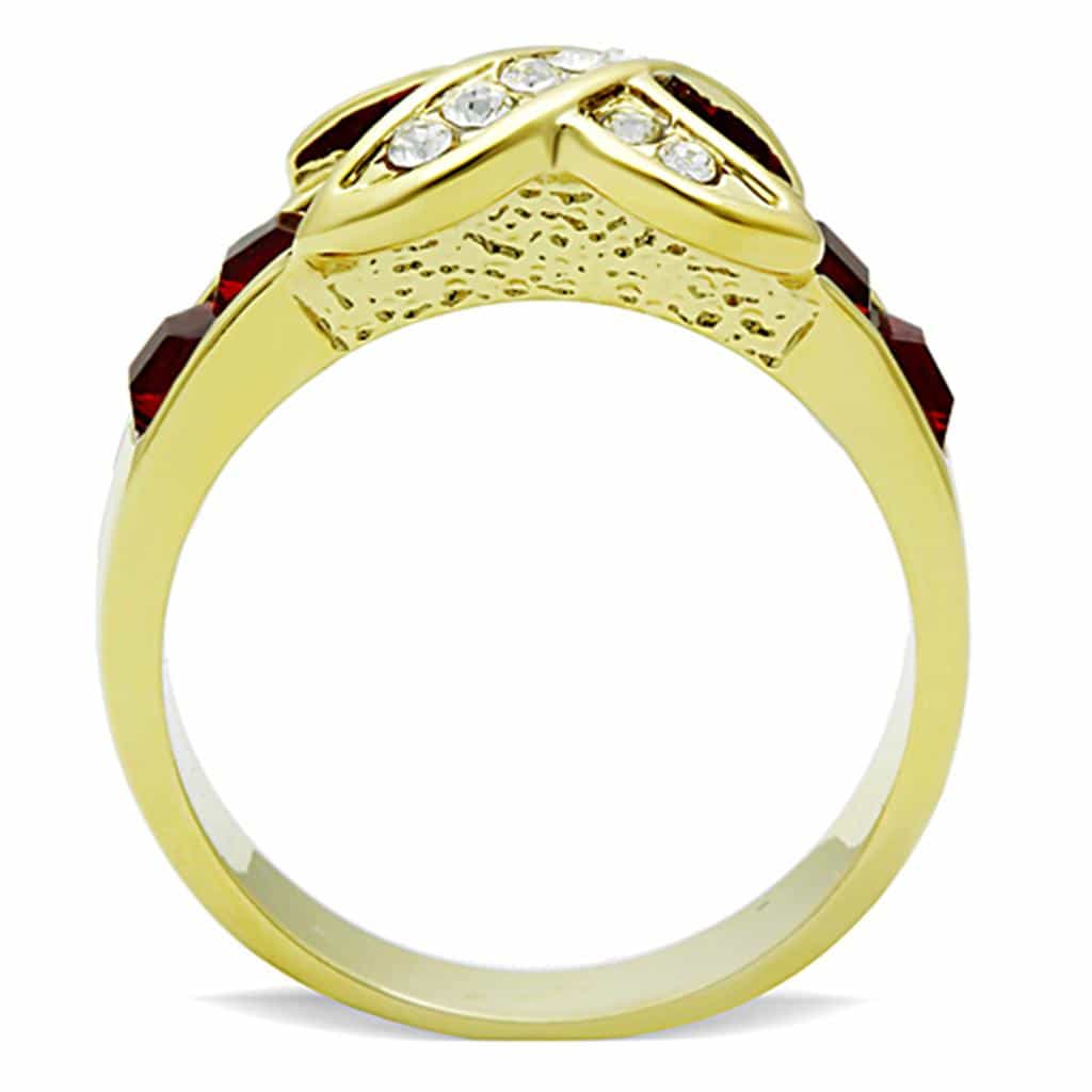 Stainless Steel Gold Red Crystal CZ Crossover X Ring view 7