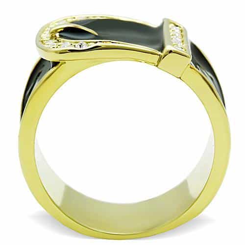 Stainless Steel Gold Black Enamel Belt Buckle Multi Crystal Ring view 3