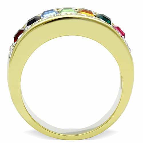 Stainless Steel Gold Rainbow Crystal Channel CZ Border Ring view 3