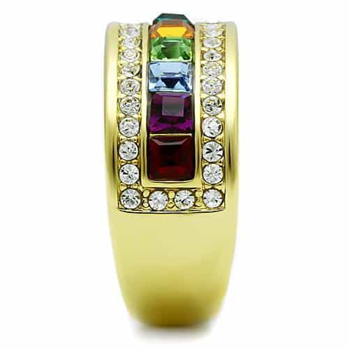 Stainless Steel Gold Rainbow Crystal Channel CZ Border Ring view 8