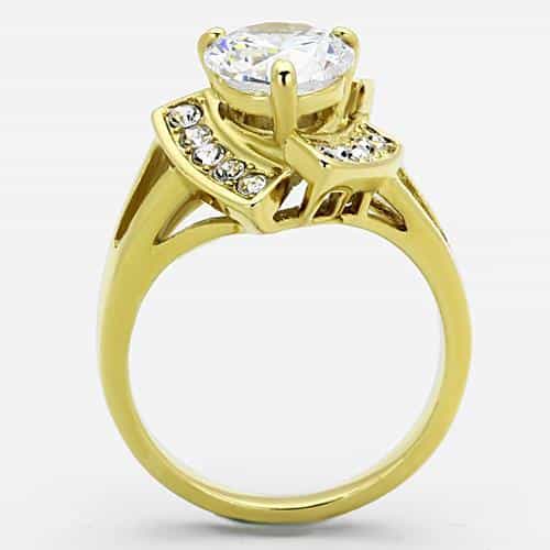 Stainless Steel Gold CZ Round Solitaire Pave Chevron Ring view 3