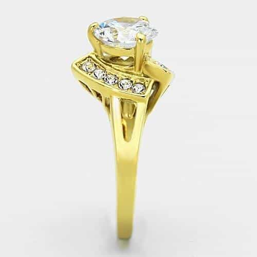 Stainless Steel Gold CZ Round Solitaire Pave Chevron Ring view 4