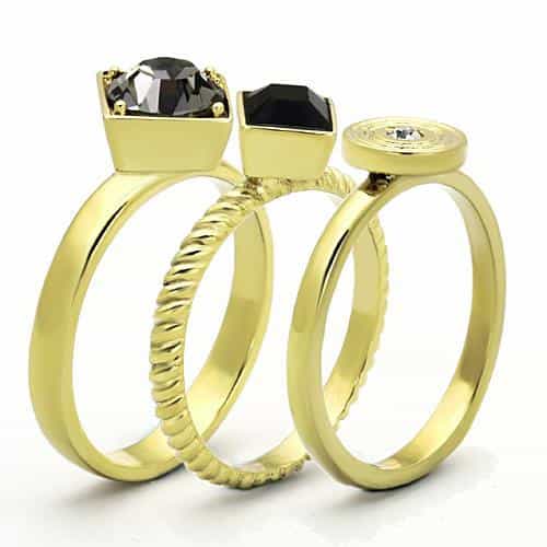 Stainless Steel Gold Grey Black Crystal Triple Stackable Set Ring view 4