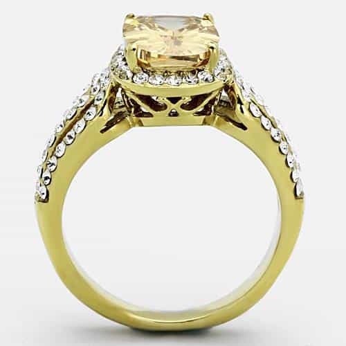 Stainless Steel Gold Champagne Crystal Cushion CZ Swirl Ring view 3