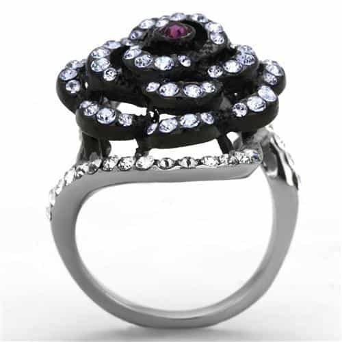Stainless Steel Purple Crystal Rose Flower Pave Ring view 3