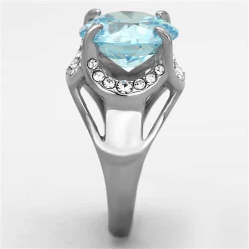 Stainless Steel CZ Aquamarine Round Halo Ring view 4