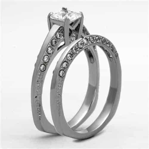 Stainless Steel CZ Princess Solitaire Channel Bridal Set Ring view 8