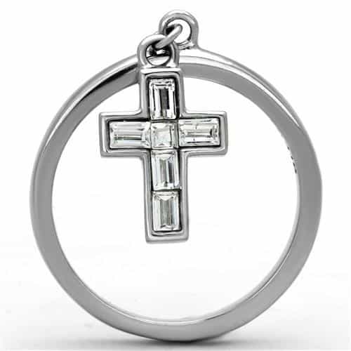 Stainless Steel CZ Baguette Cross Charm Dangle Ring view 3