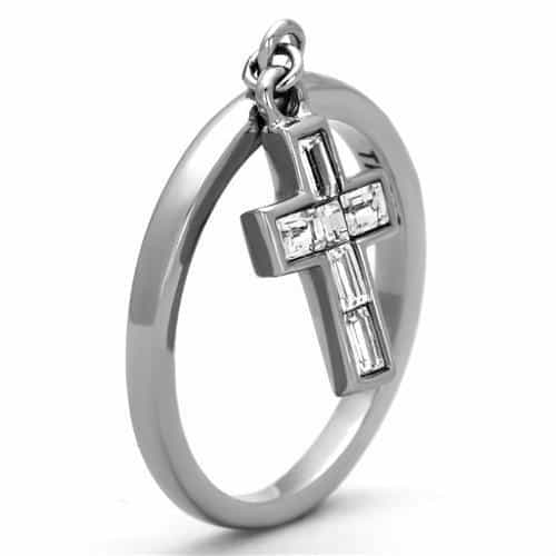 Stainless Steel CZ Baguette Cross Charm Dangle Ring view 8