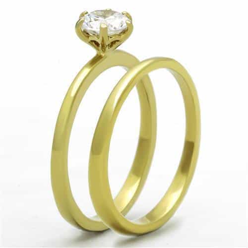Stainless Steel Gold CZ Round Solitaire Bridal Set Ring TK1439 view 8