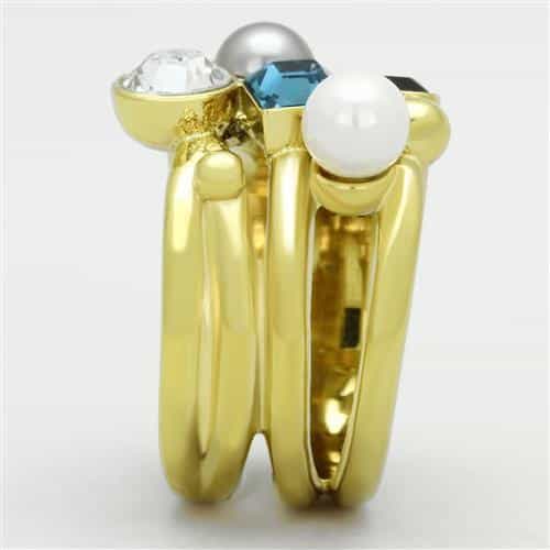 Stainless Steel Gold Multi Crystal Pearl Stackable Set Ring view 4