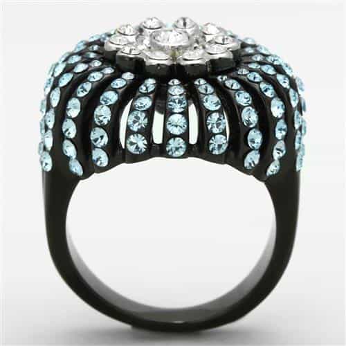 Stainless Steel Black IP Blue Crystal Pave Starburst Dome Ring view 3