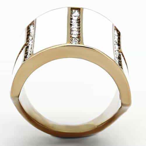 Stainless Steel Rose Gold White Enamel CZ Stripe Cuff Ring view 3