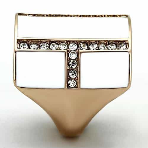 Stainless Steel Rose Gold White Enamel CZ Stripe Cuff Ring view 4