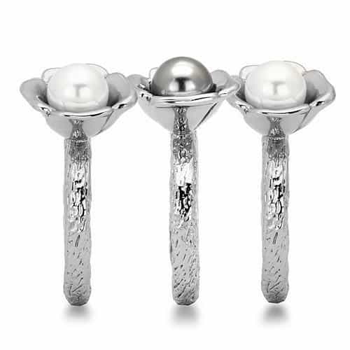 Stainless Steel Triple Pearl Flower Stackable Ring view 8
