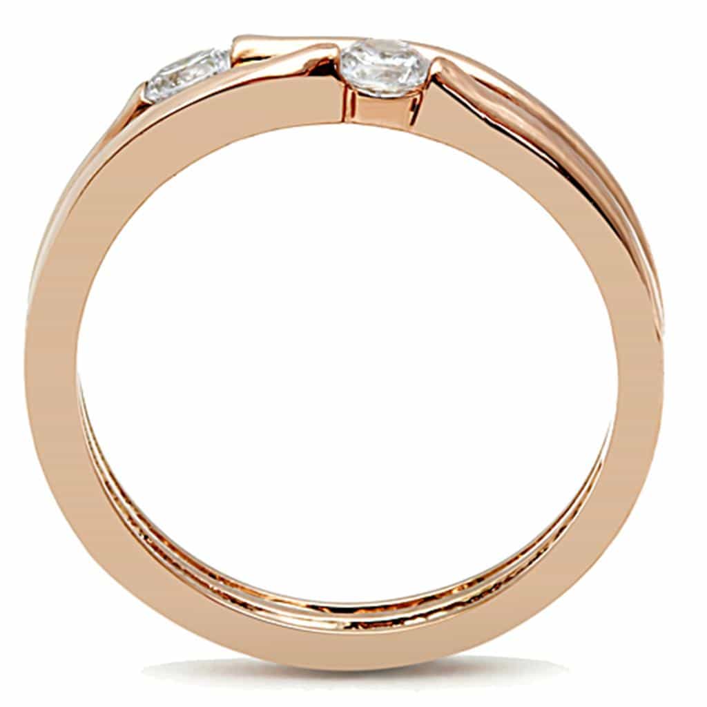 Stainless Steel Rose Gold CZ Solitaire Bypass Band Set Ring view 7