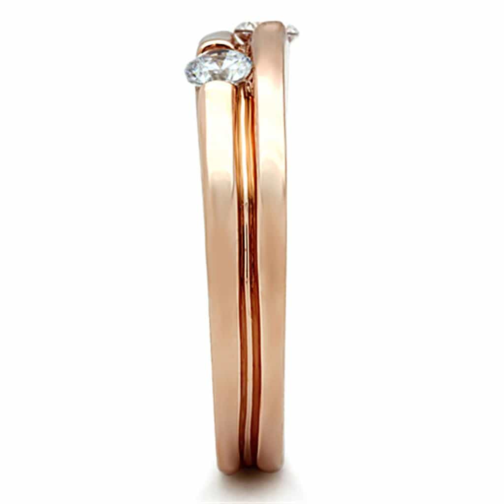 Stainless Steel Rose Gold CZ Solitaire Bypass Band Set Ring view 8