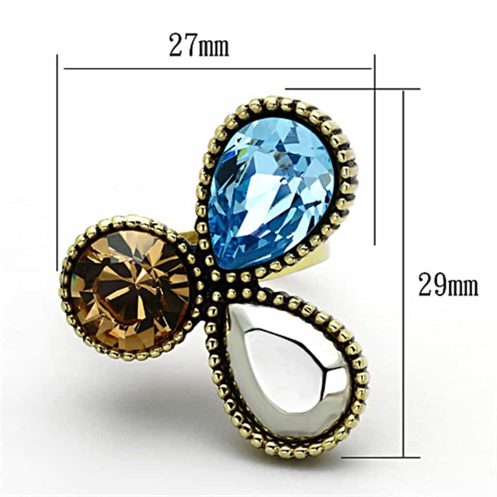 Stainless Steel Gold Blue Champagne Triple Pear Crystal Ring view 2