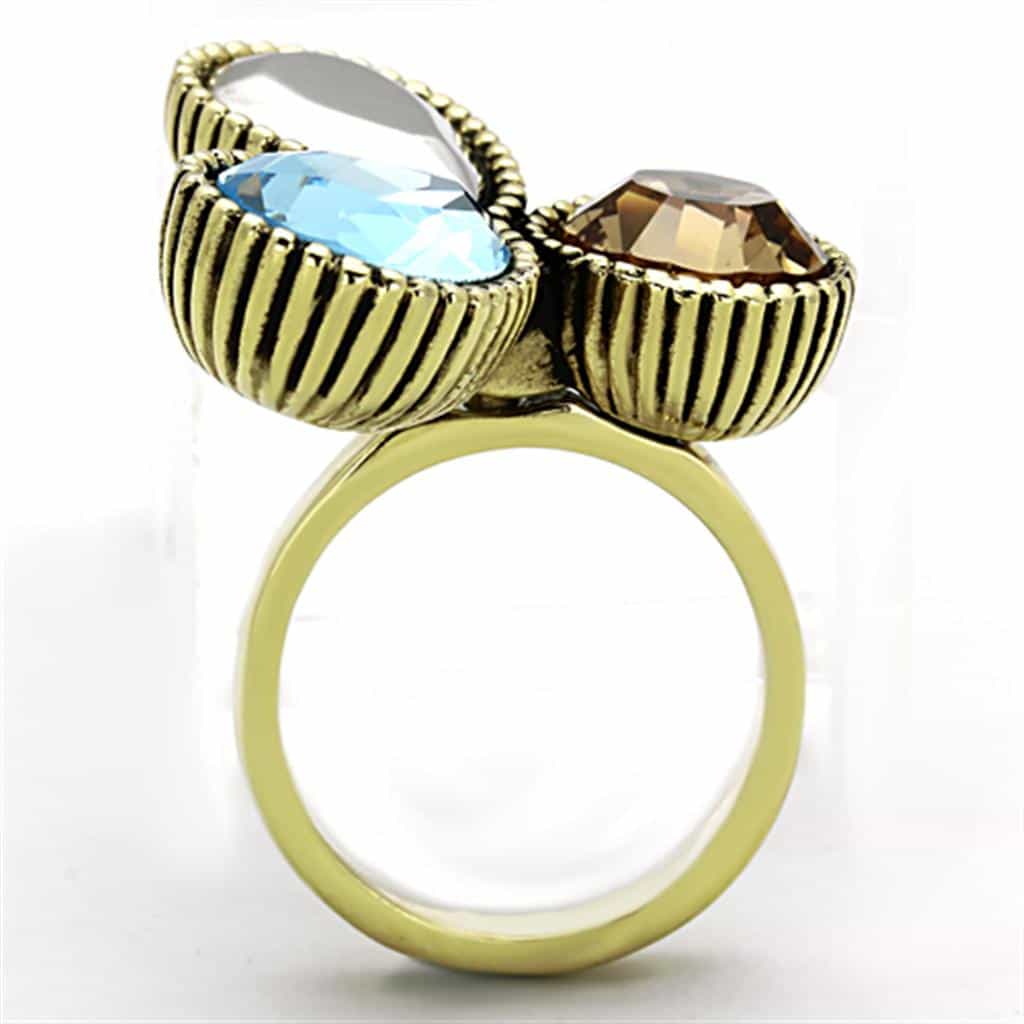 Stainless Steel Gold Blue Champagne Triple Pear Crystal Ring view 3