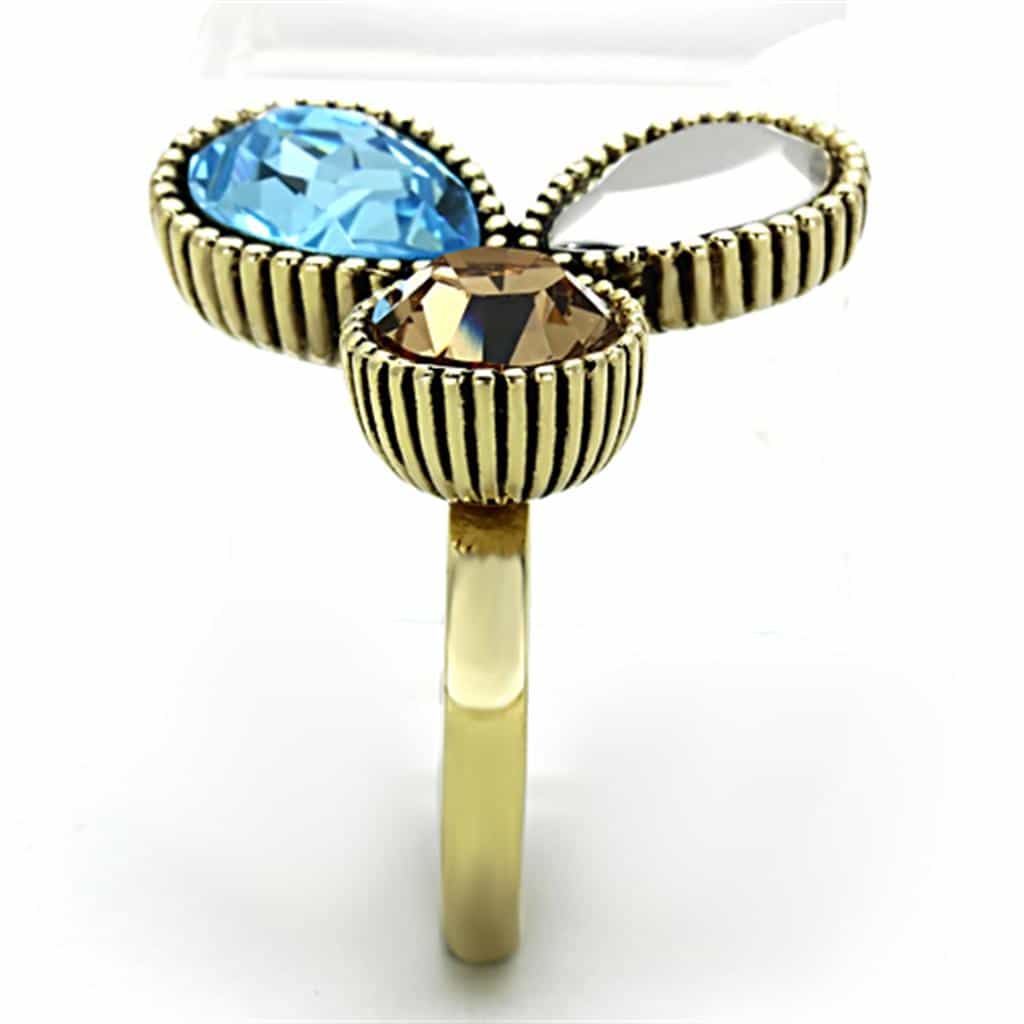 Stainless Steel Gold Blue Champagne Triple Pear Crystal Ring view 8