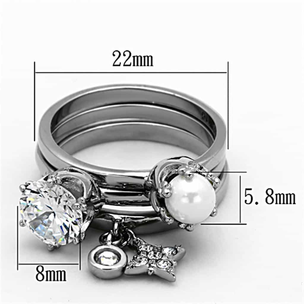 Stainless Steel Pearl CZ Flower Charm Stackable Set Ring view 6