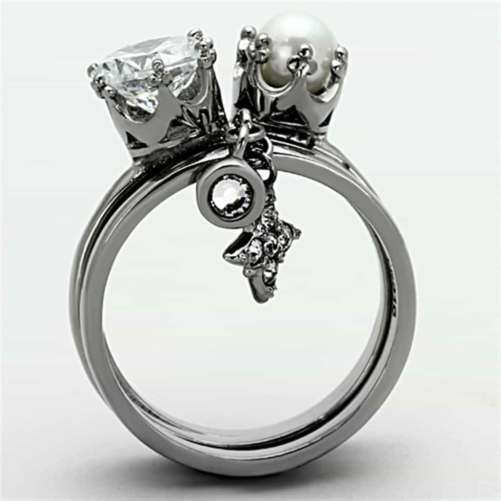Stainless Steel Pearl CZ Flower Charm Stackable Set Ring view 3