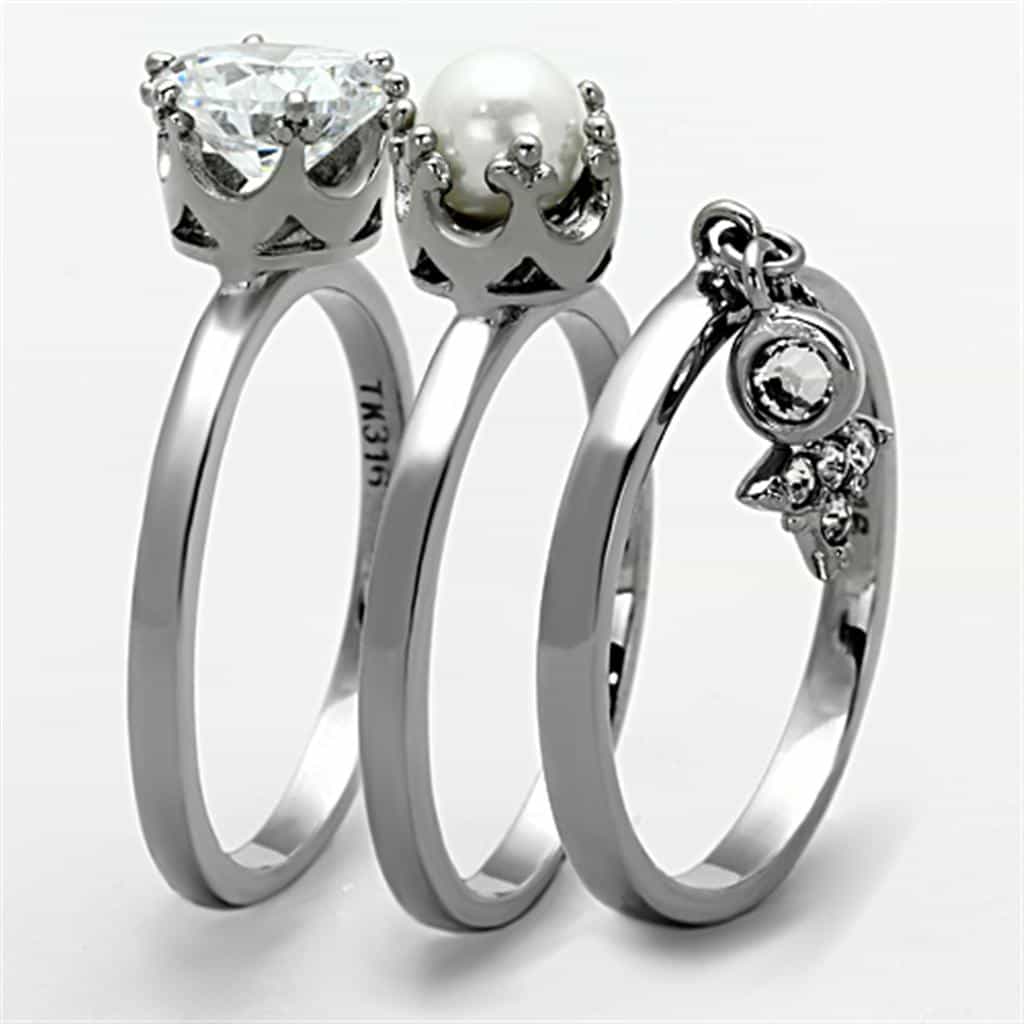 Stainless Steel Pearl CZ Flower Charm Stackable Set Ring view 8