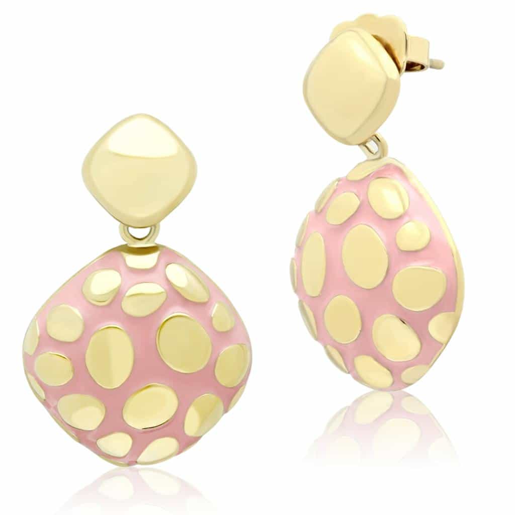 Stainless Steel Gold Pink Enamel Polka Dot Drop Earrings view 3