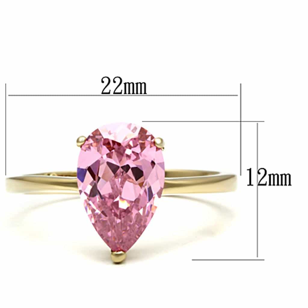 Stainless Steel Gold Pink Pear Crystal Solitaire Ring view 2