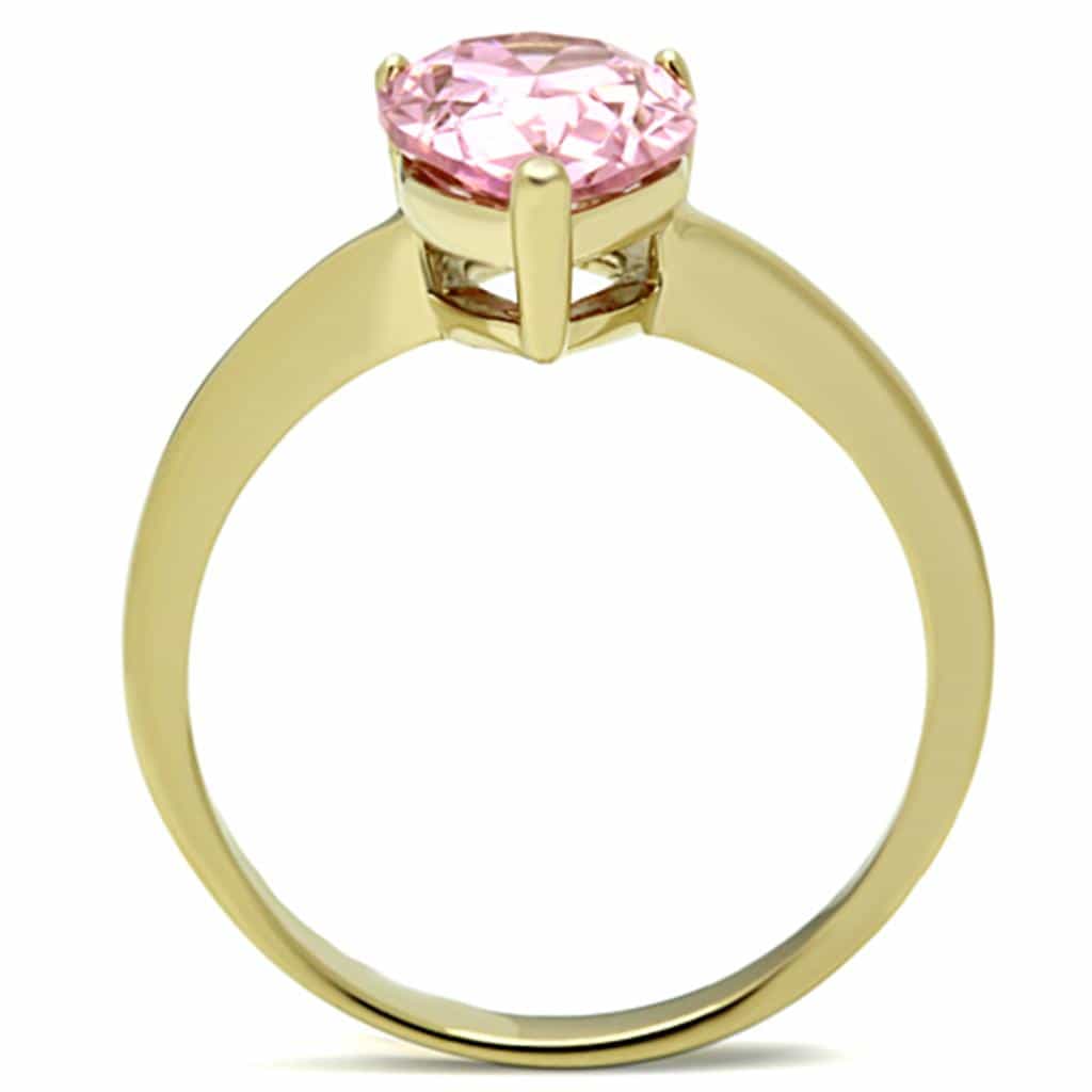 Stainless Steel Gold Pink Pear Crystal Solitaire Ring view 7