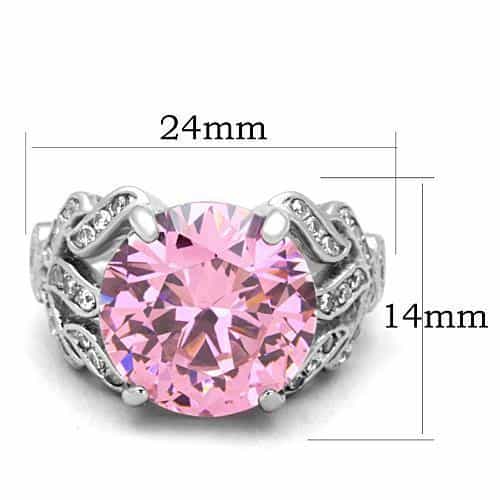 Stainless Steel Pink Round Crystal CZ Ornate Cocktail Ring view 2
