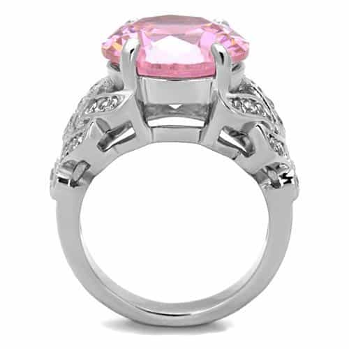 Stainless Steel Pink Round Crystal CZ Ornate Cocktail Ring view 7