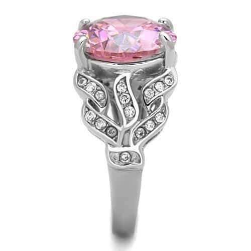 Stainless Steel Pink Round Crystal CZ Ornate Cocktail Ring view 8