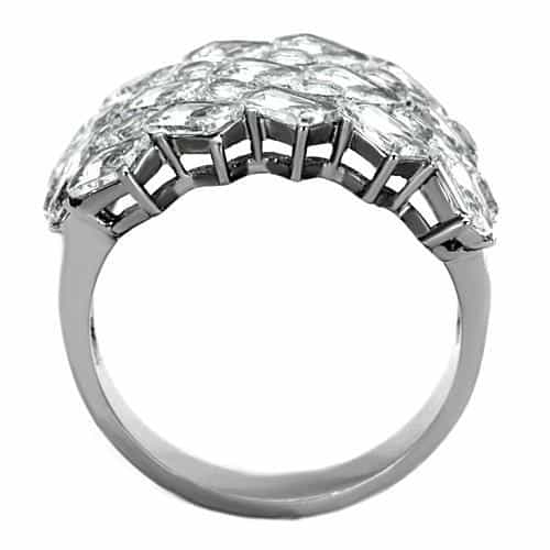 Stainless Steel CZ Baguette Round Cluster Wide Cocktail Ring view 3