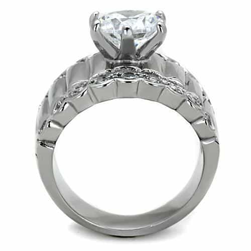 Stainless Steel CZ Round Channel Bridal Three Band Set Ring view 3