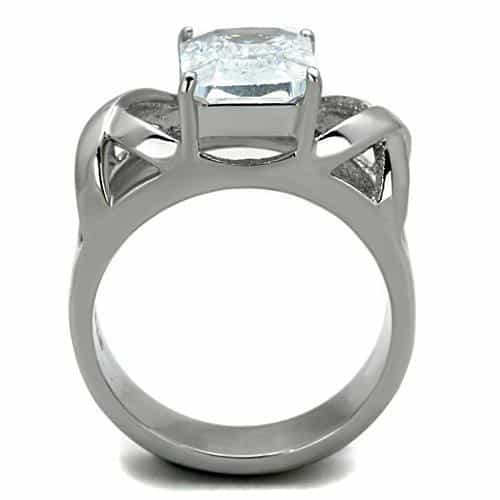 Stainless Steel CZ Emerald Cut Lattice Side Solitaire Ring view 7