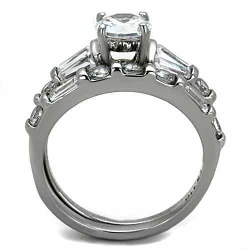 Stainless Steel CZ Round Baguette Bridal Two Band Set Ring view 7