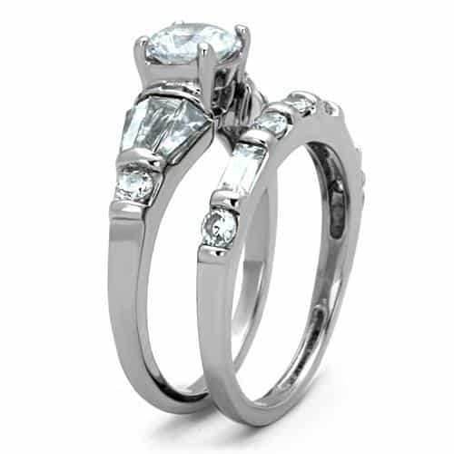 Stainless Steel CZ Round Baguette Bridal Two Band Set Ring view 8