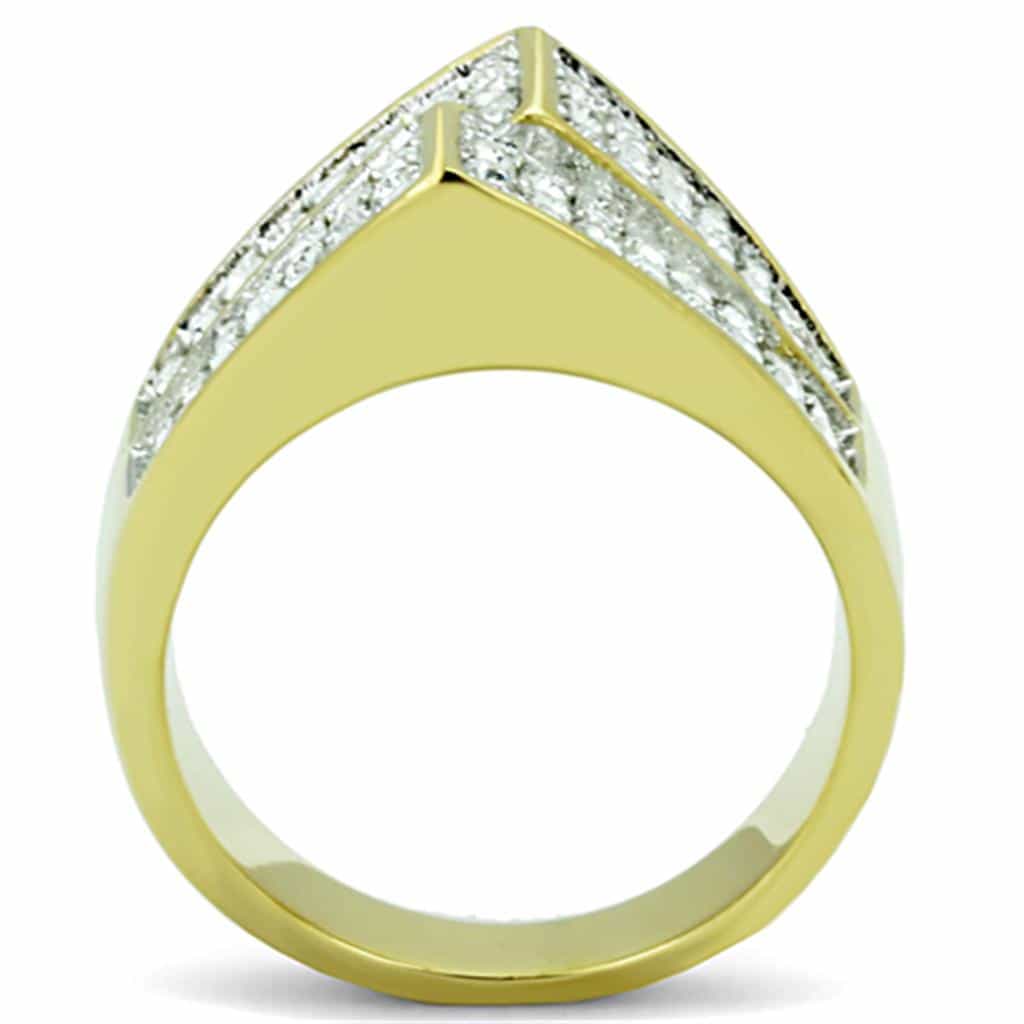 Stainless Steel Gold CZ Pave Chevron Princess Center Wide Ring view 3