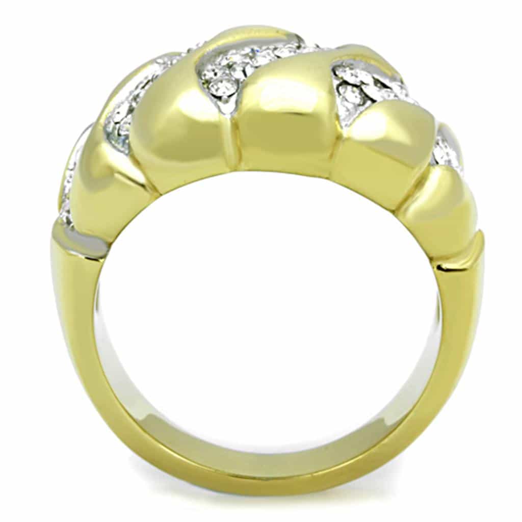 Stainless Steel Gold CZ Pave Swirl Twisted Dome Ring view 3