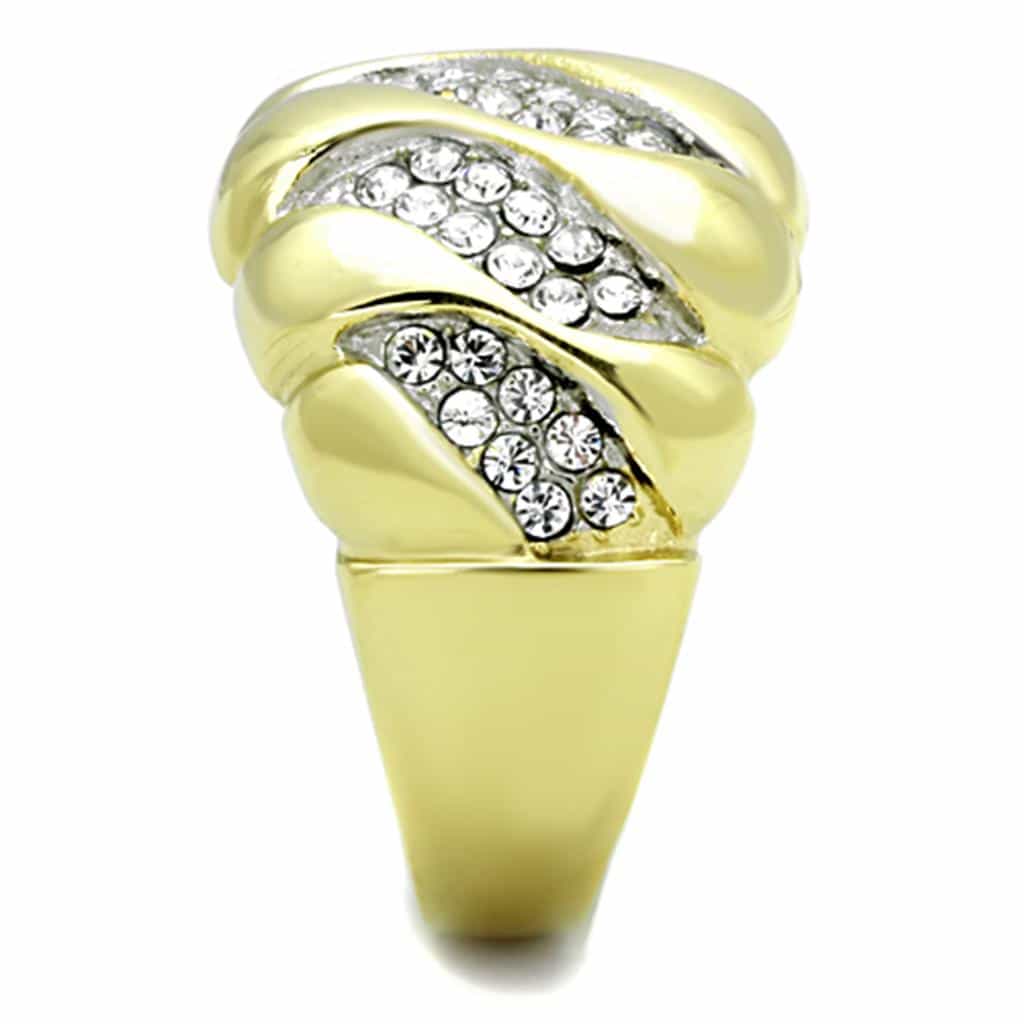 Stainless Steel Gold CZ Pave Swirl Twisted Dome Ring view 4