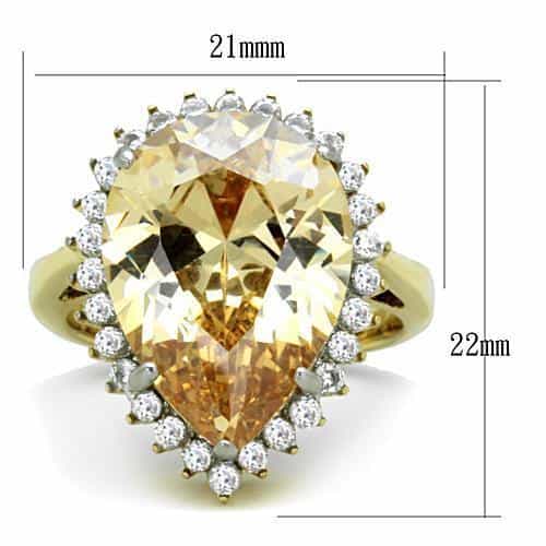 Stainless Steel Gold Champagne Pear Crystal CZ Double Halo Ring view 6