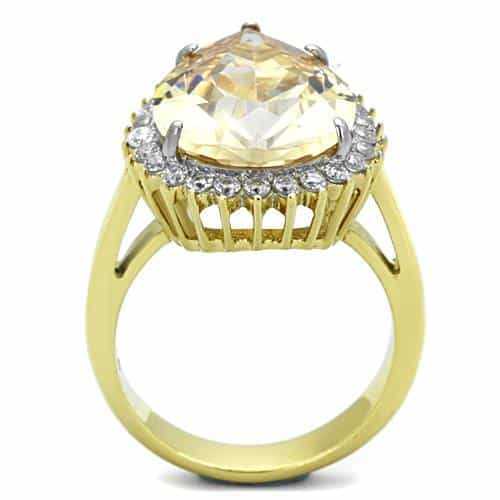Stainless Steel Gold Champagne Pear Crystal CZ Double Halo Ring view 7