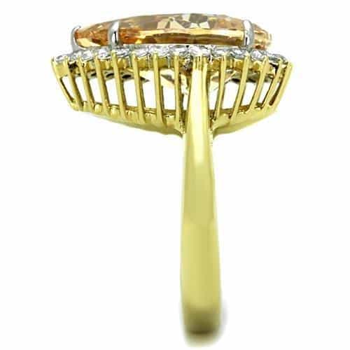 Stainless Steel Gold Champagne Pear Crystal CZ Double Halo Ring view 8