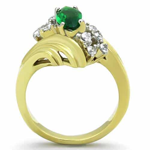 Stainless Steel Gold Emerald Marquise CZ Halo Wave Bypass Ring view 3