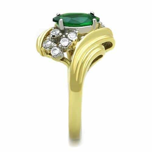 Stainless Steel Gold Emerald Marquise CZ Halo Wave Bypass Ring view 4