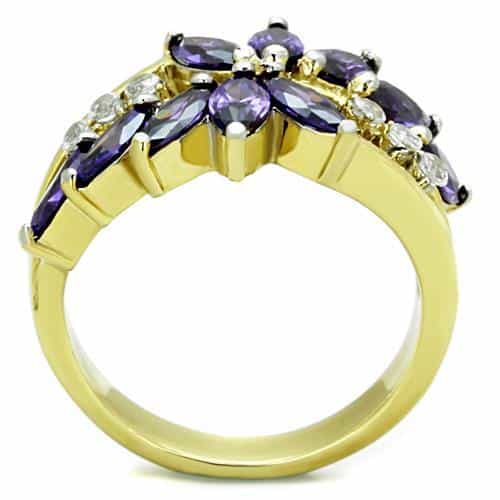 Stainless Steel Gold Purple Marquise Flower CZ Cluster Ring view 3