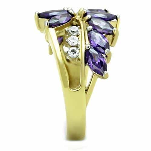 Stainless Steel Gold Purple Marquise Flower CZ Cluster Ring view 8