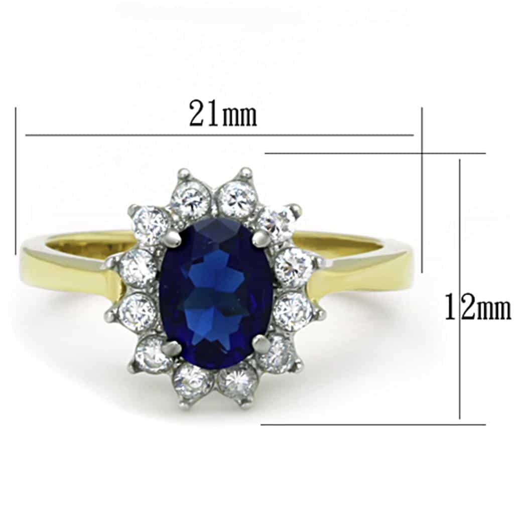 Stainless Steel Gold Blue Sapphire Oval CZ Halo Ring view 2