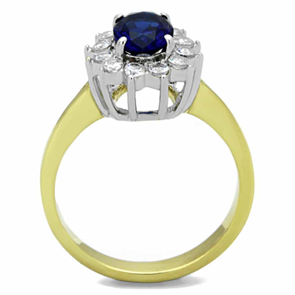 Stainless Steel Gold Blue Sapphire Oval CZ Halo Ring view 3
